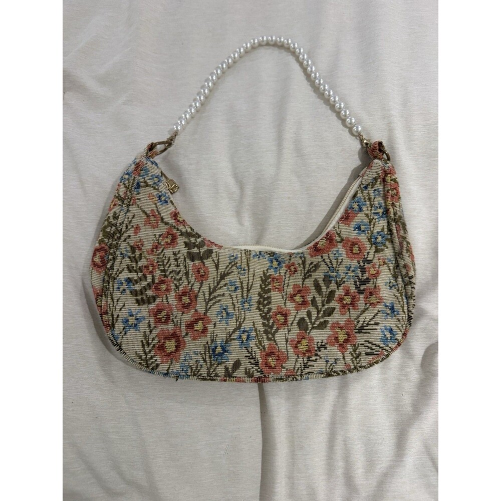 Floral Spring Tapestry Shoulder Bag with Pearl Strap Zip Closure Gold Hardware